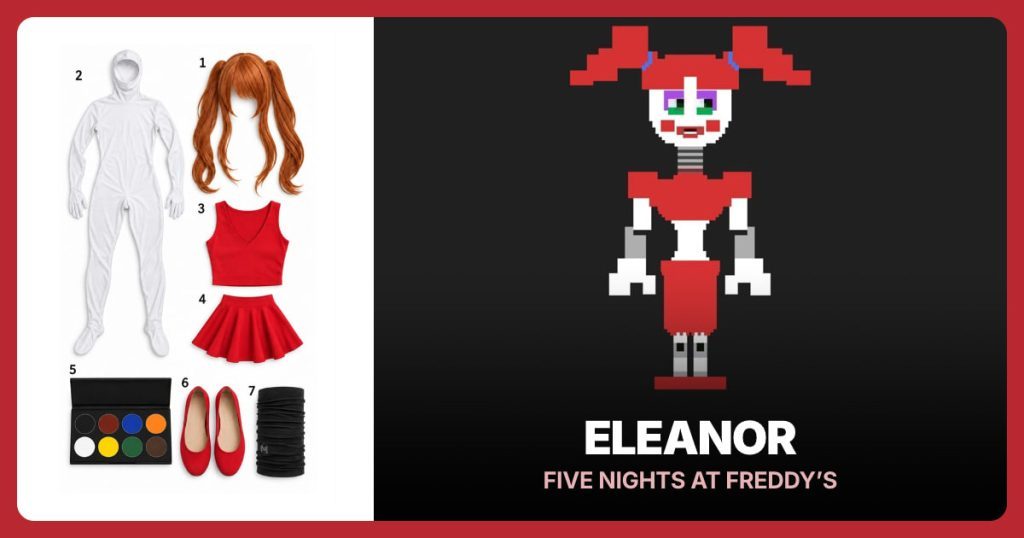 Long Copper Pigtail Wig, White Open-Face Bodysuit, Red V-Neck Crop Top and Red Mini Skater Skirt beside Eleanor
