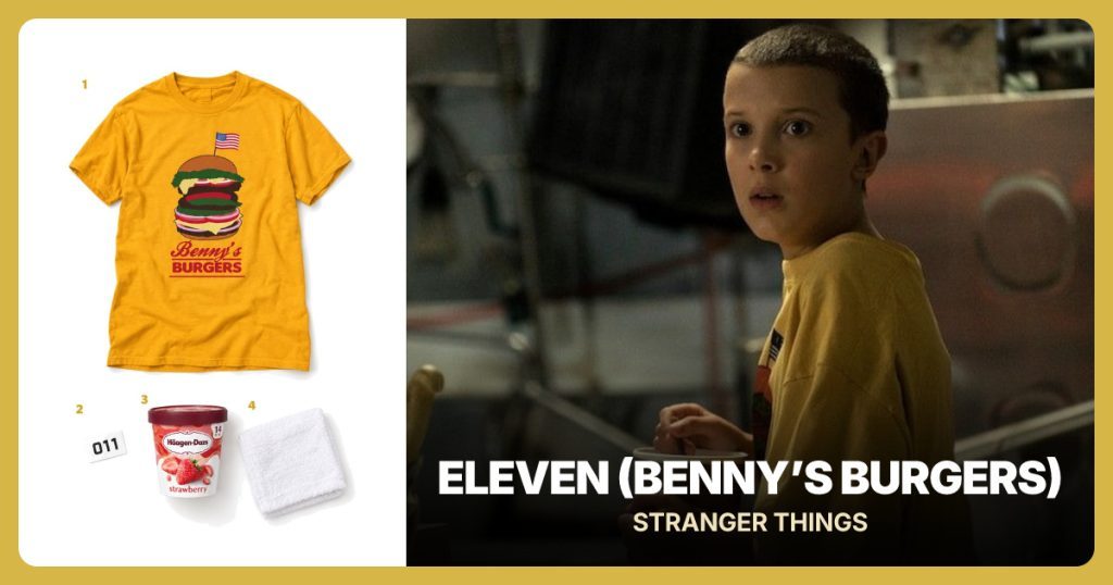 Benny’s Burgers T-Shirt, 011 Temporary Tattoo, Strawberry Ice Cream and White Cotton Washcloth beside Eleven (Benny’s Burgers)