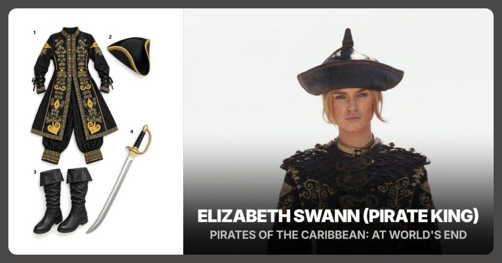 Embroidered Pirate King Coat and Trousers Set, Black Tricorn Hat with Gold Trim and Black Pirate Boots beside Elizabeth Swann (Pirate King)