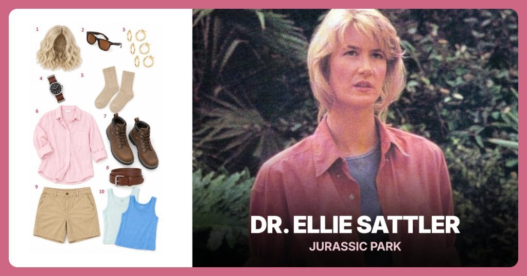 Dr. Ellie Sattler costume from Jurassic Park: Blonde Wavy Bob Wig, Tortoiseshell Sunglasses, Small Gold Hoop Earrings, Brown Leather-Strap Watch
