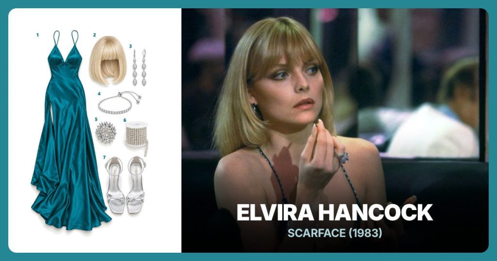 Teal Satin Halter Gown, Blonde Bob Wig, Crystal Drop Earrings and Crystal Tennis Bracelet beside Elvira Hancock