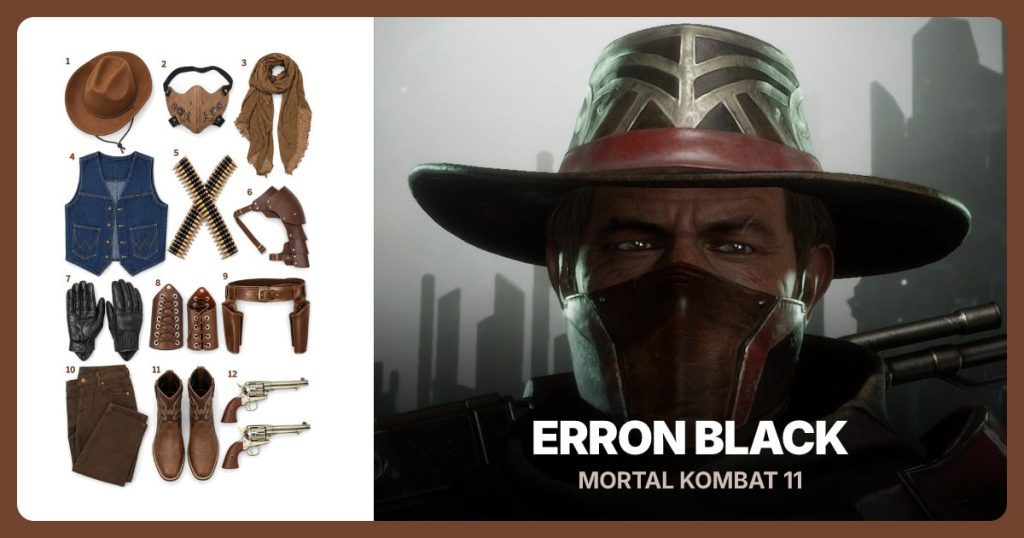 Brown Cowboy Hat, Brown Leather Face Mask, Brown Neck Scarf and Blue Denim Vest beside Erron Black