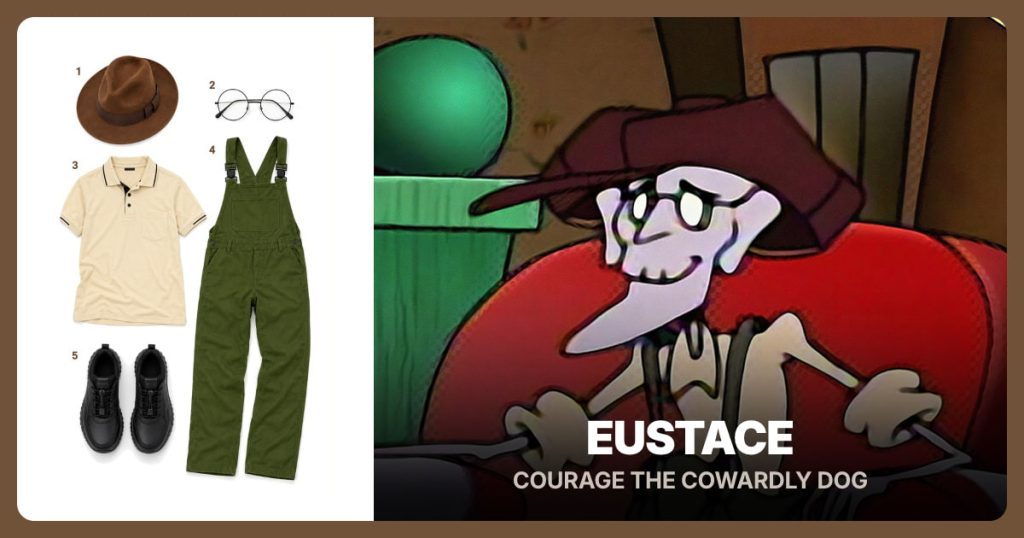 Brown Wide-Brim Fedora, Round Clear-Lens Glasses, Pale Yellow Short-Sleeve Polo and Olive-Green Bib Overalls beside Eustace
