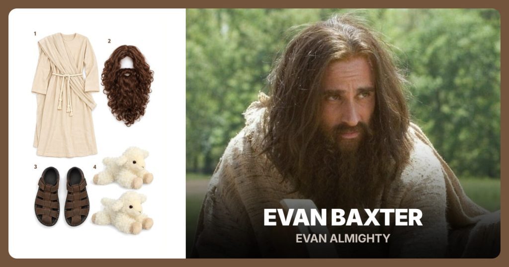Beige Robe Set, Brown Wig and Beard, Brown Fisherman Sandals and Plush Lambs beside Evan Baxter