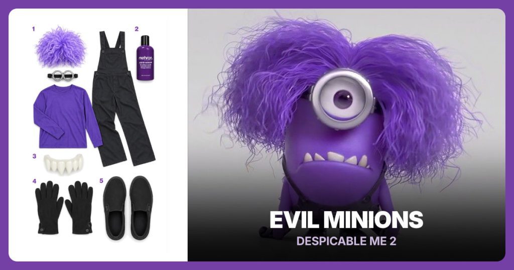 Evil Minions costume from Despicable Me: Evil Minion Costume Set, Purple Face and Body Paint, Monster Costume Teeth, Black Gloves