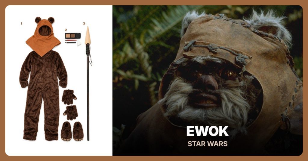 Ewok Costume Set, Bear Makeup Kit and Faux Stone-Tipped Spear beside Ewok