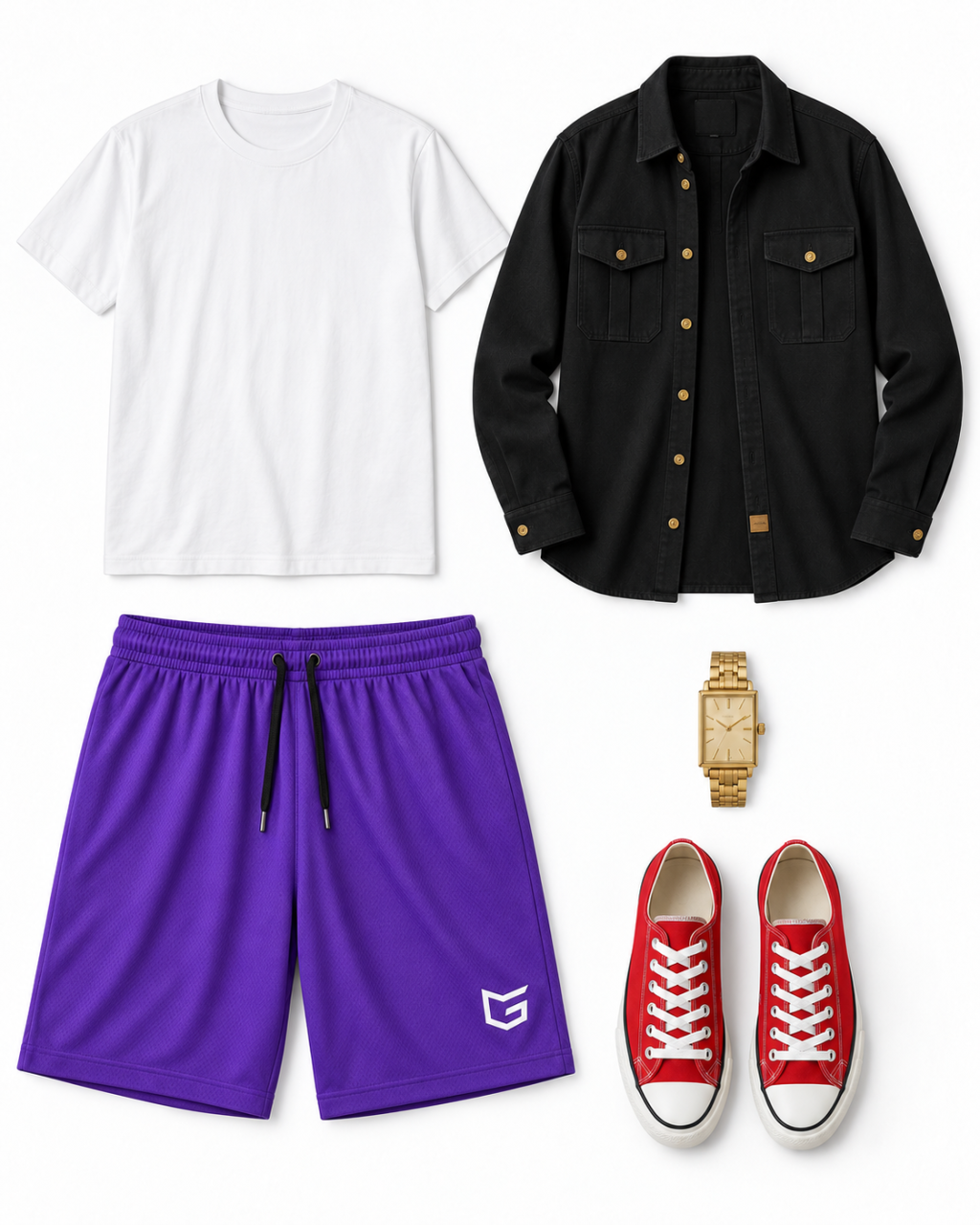 White crew tee, open black overshirt with two flap pockets and gold buttons, violet 11-inch shorts with black drawcord and angular white mark, red low-top sneakers and gold rectangular watch.