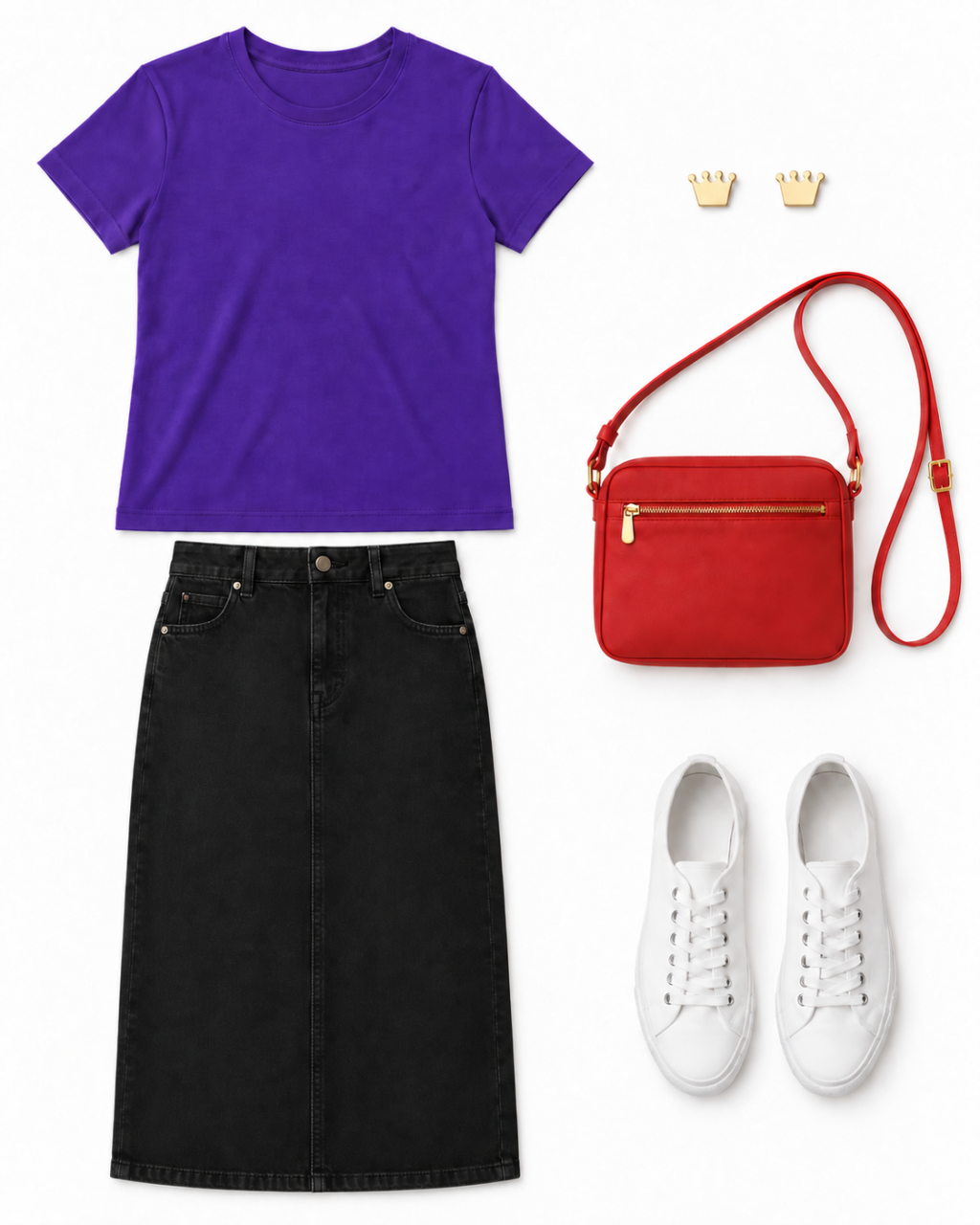 Violet crew tee, black denim midi skirt with front fly and pockets, white low-top sneakers, red zip crossbody and flat gold crown studs with four rounded tabs.