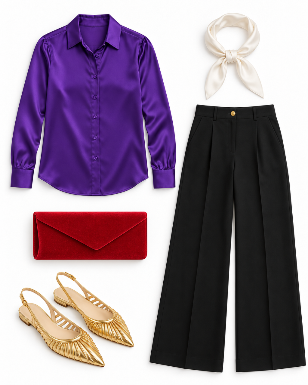 Violet satin blouse, ivory scarf, black wide-leg trousers, red velvet envelope clutch and gathered gold pointed slingbacks.