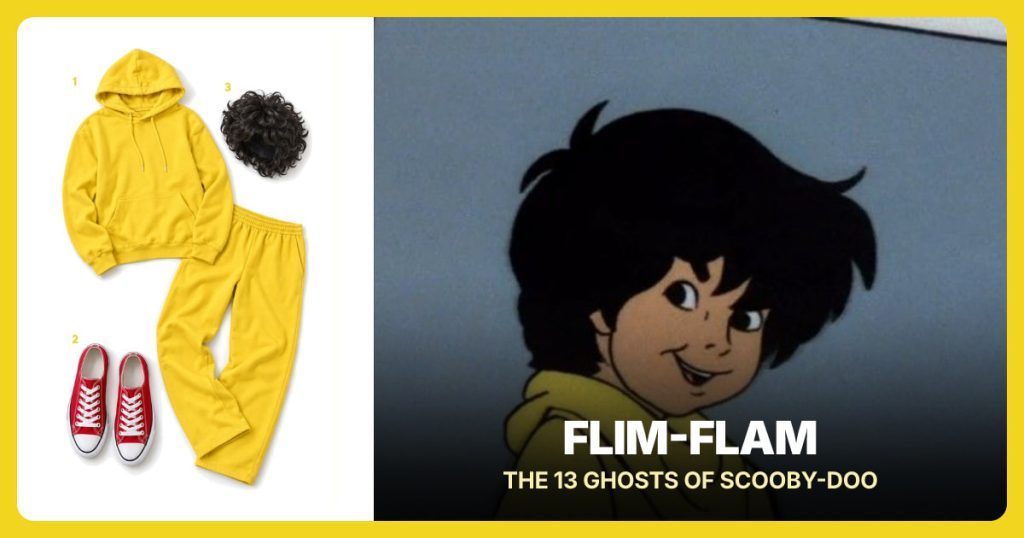 Yellow Hoodie and Sweatpants Set, Red Low-Top Canvas Sneakers and Short Black Curly Wig beside Flim-Flam