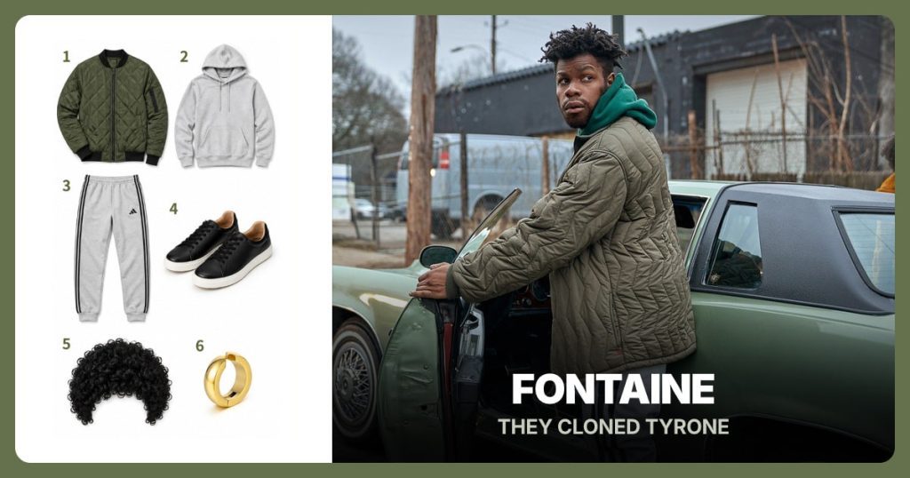 Olive Quilted Bomber Jacket, Light Gray Fleece Hoodie, Gray Three-Stripe Track Pants and Black Low-Top Sneakers beside Fontaine