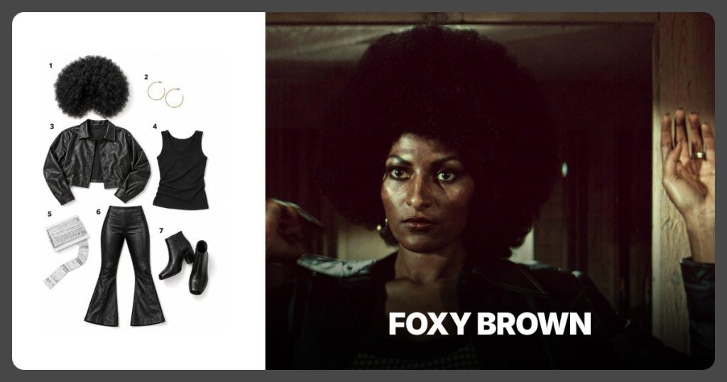 Black Afro Wig, Gold Hoop Earrings, Black Cropped Faux Leather Jacket and Black Scoop-Neck Tank Top beside Foxy Brown