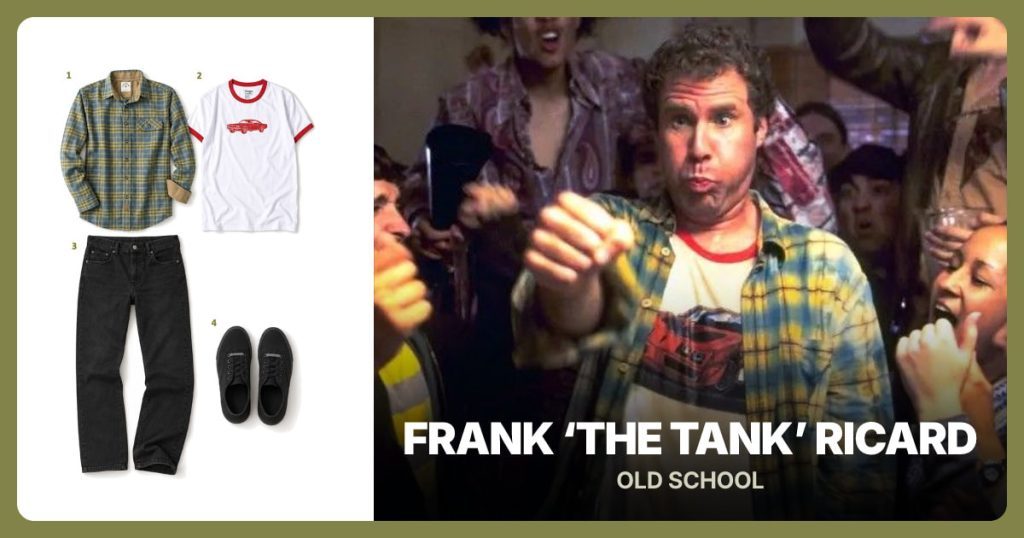Yellow-Green-Blue Plaid Flannel Shirt, White Ringer T-Shirt with Red Trim and Dark Straight-Leg Jeans beside Frank ‘The Tank’ Ricard