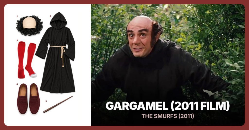 Bald-Top Black Wig, Black Hooded Robe, Red Knee Socks and Burgundy Suede Loafers beside Gargamel (2011 Film)
