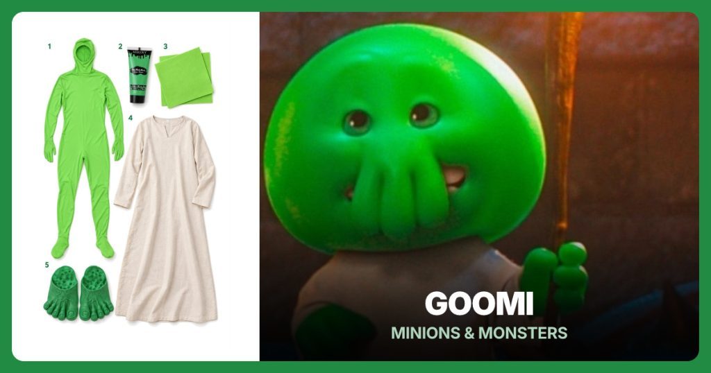 Goomi costume from Despicable Me: Open-Face Green Bodysuit, Green Face Paint, Green Felt Sheets, Oatmeal Peasant Tunic