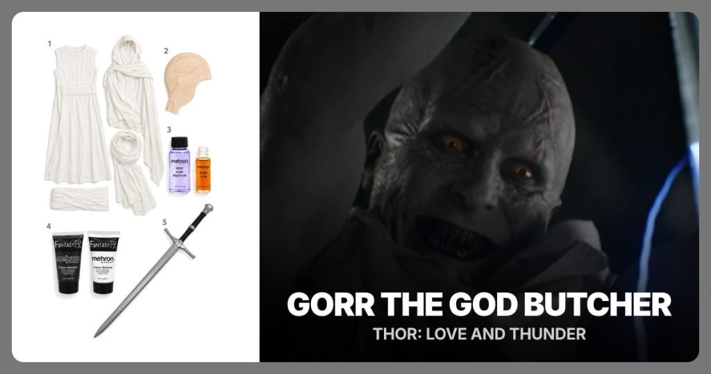 White Gorr Costume Set, Latex Bald Cap, Spirit Gum and Remover and Black and White Face Paint beside Gorr the God Butcher