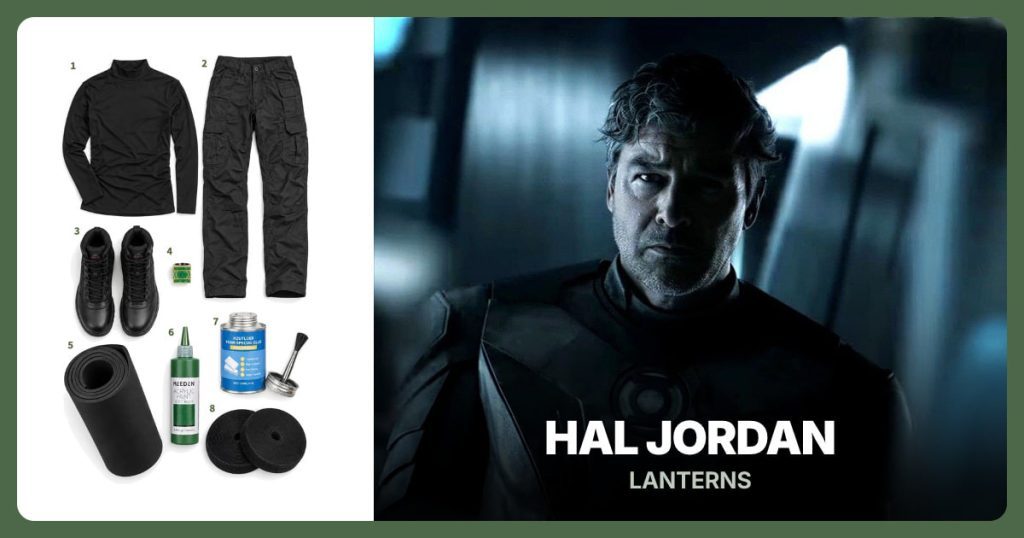 Black Mock-Neck Shirt, Black Tactical Pants, Black Tactical Boots and Green Lantern Prop Ring beside Hal Jordan