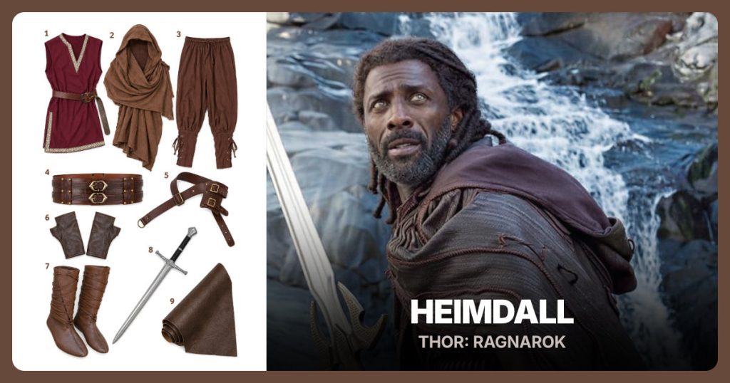 Burgundy Sleeveless Tunic, Brown Woven Shoulder Wrap, Brown Renaissance Pants and Wide Dark Brown Belt beside Heimdall