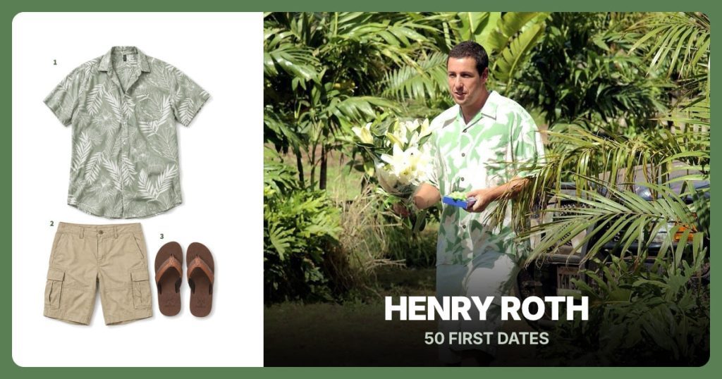 Sage Tropical Shirt, Khaki Cargo Shorts and Brown Flip-Flop Sandals beside Henry Roth