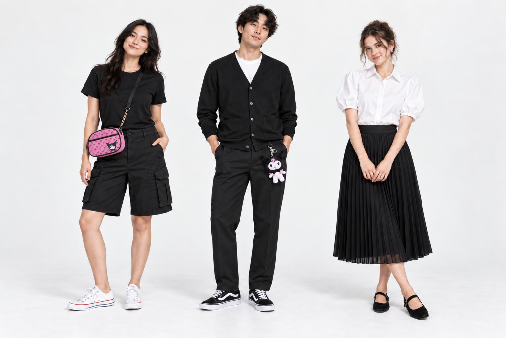 Three adults in Kuromi-inspired everyday outfits: a woman in a black tee, cargo shorts and patterned pink Kuromi crossbody; a man in black layers and trousers with a clipped Kuromi charm; and a woman in a white puff-sleeve blouse and black pleated midi skirt.