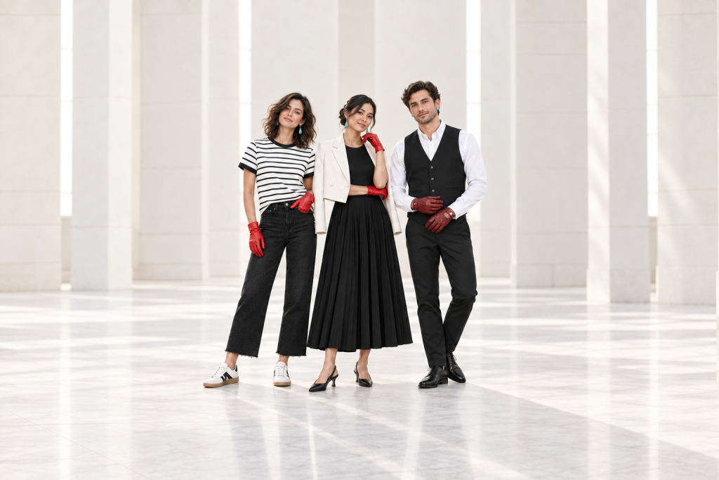 Two adult women and one adult man wear three Cruella-inspired everyday looks: striped tee and cropped jeans, black pleated midi with cream blazer, and a white Oxford under a four-button vest, all with red or burgundy gloves and turquoise jewelry.