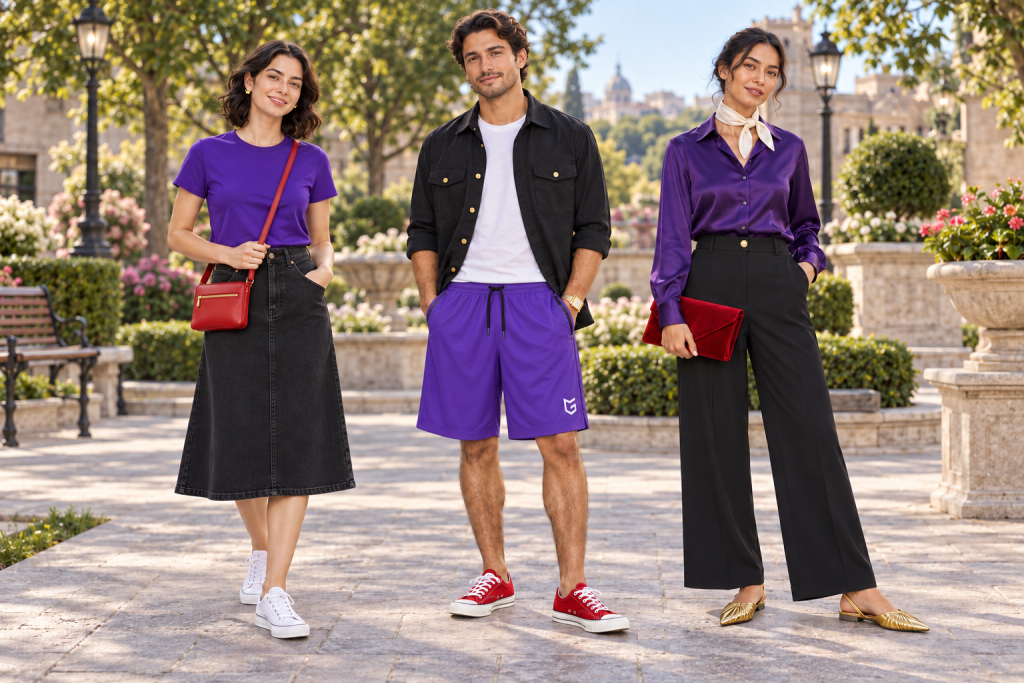 Three adults wear Evil Queen-inspired outfits: violet tee with black denim midi and red bag, black overshirt with white tee and violet shorts, and violet blouse with black trousers and gold shoes.