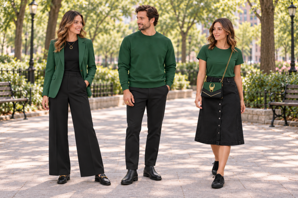 Three adults wear Loki-inspired green-and-black outfits: a tailored blazer look, a crewneck-and-boots look, and a casual tee-and-denim-midi look with a gold horned-helmet crossbody bag.