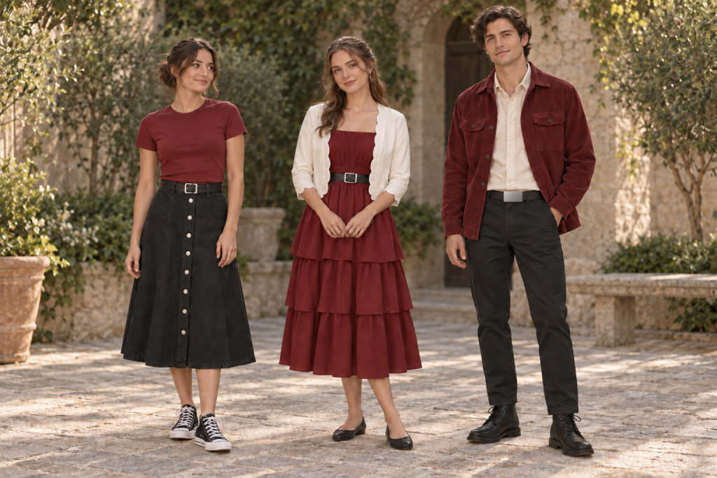 Three adults wear Padmé-inspired everyday outfits: a woman in a burgundy tee, black button-front midi skirt and black-and-white sneakers; a woman in a burgundy tiered dress, ivory cardigan and black flats; and a man in a burgundy corduroy overshirt, cream shirt, black chinos and black boots.