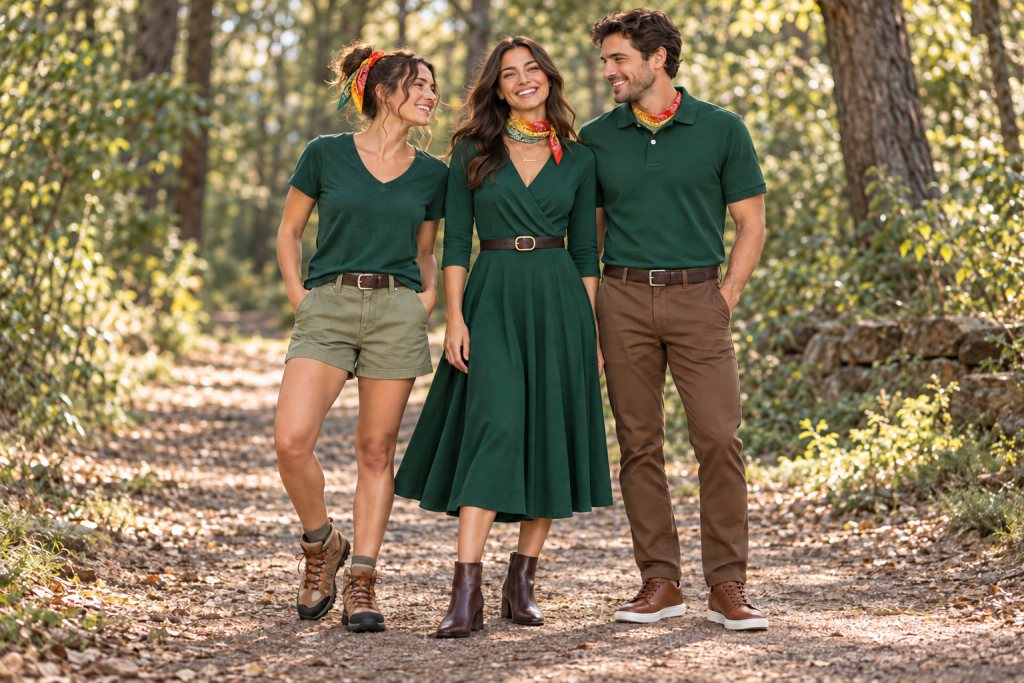 Three adults model Robin Hood-inspired everyday outfits: a woman in a forest-green V-neck tee, olive shorts, hiking boots and hair bandana; a woman in a dark-green belted midi dress, brown ankle boots and neck scarf; and a man in a plain forest polo, brown chinos, lace-up sneakers and neckerchief.