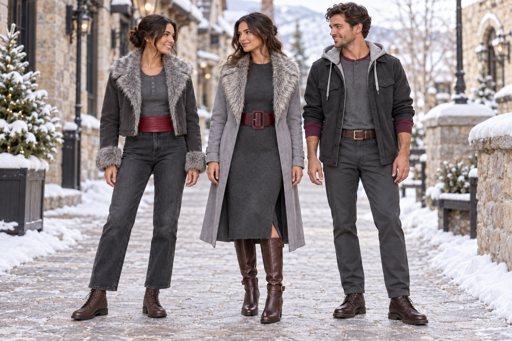 Three adults model Kristoff-inspired winter outfits: a woman in a charcoal henley, cropped gray-trim jacket, straight jeans and brown ankle boots; a woman in a charcoal midi dress, gray trench, burgundy belt and brown riding boots; and a man in a burgundy-sleeved charcoal henley, dark hooded shacket, charcoal trousers and brown boots.
