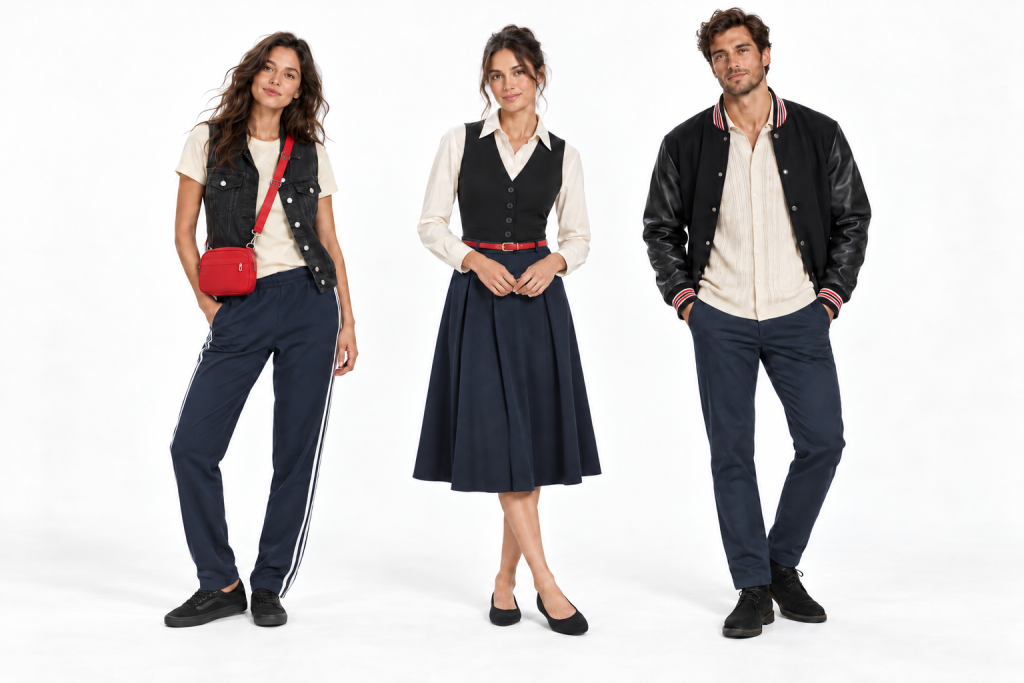 Three adults model Han Solo-inspired outfits: a woman in a cream tee, black denim waistcoat, navy white-striped track pants, red crossbody and black sneakers; a woman in a cream shirt, black vest, navy midi skirt, red belt and black flats; and a man in a cream knit polo, red-trimmed black varsity jacket, navy chinos and black chukka boots.