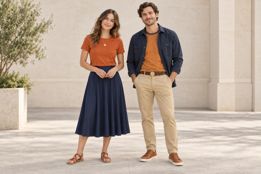 Two adult models in Hercules-inspired everyday outfits: a woman in a rust tee, navy midi skirt and tan sandals, and a man in a rust ringer tee, open navy overshirt, tan chinos and brown sneakers.