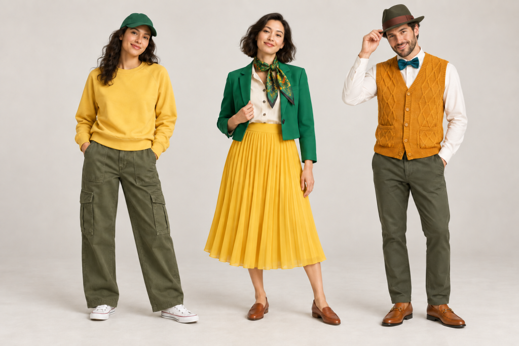 Two adult women and one adult man model three Mad Hatter inspired outfits in mustard, olive green, cream and teal, shown full length.