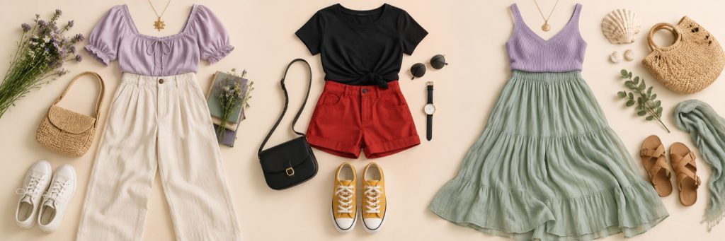 Editorial flatlay of Rapunzel-, Mickey Mouse-, and Ariel-inspired everyday outfits