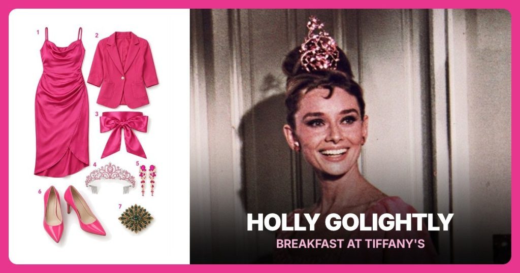 Pink Satin Cocktail Dress, Pink Open-Front Jacket, Pink Satin Bow Belt and Pink Crystal Tiara beside Holly Golightly (Pink Party Dress)