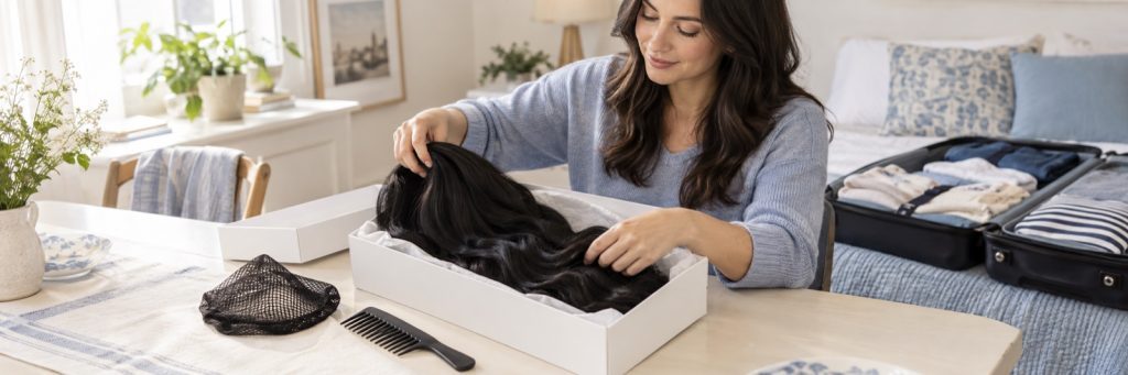 Preparing a black costume wig in a roomy box before a trip