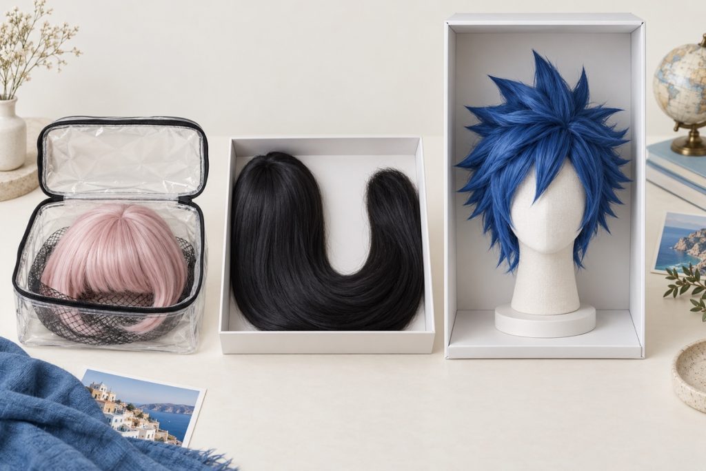 Three packing concepts for short, long, and sculpted costume wigs