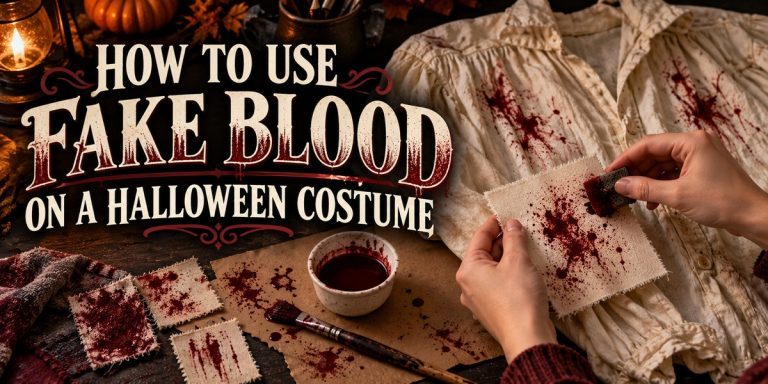How to Use Fake Blood on a Halloween Costume — theatrical liquid applied to fabric samples beside a costume shirt