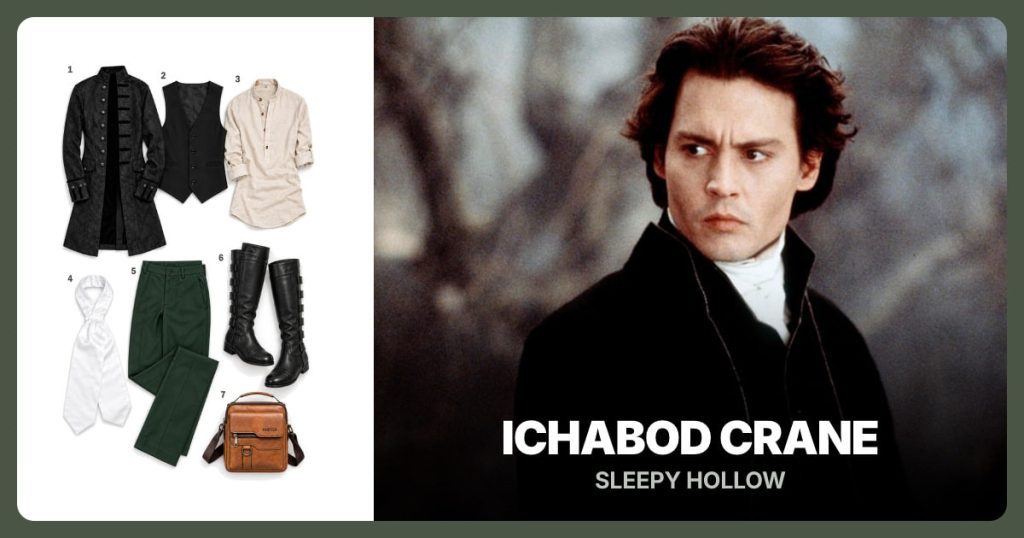 Black Tailcoat, Black Waistcoat, Beige Linen-Blend Shirt and White Solid Ascot Cravat beside Ichabod Crane