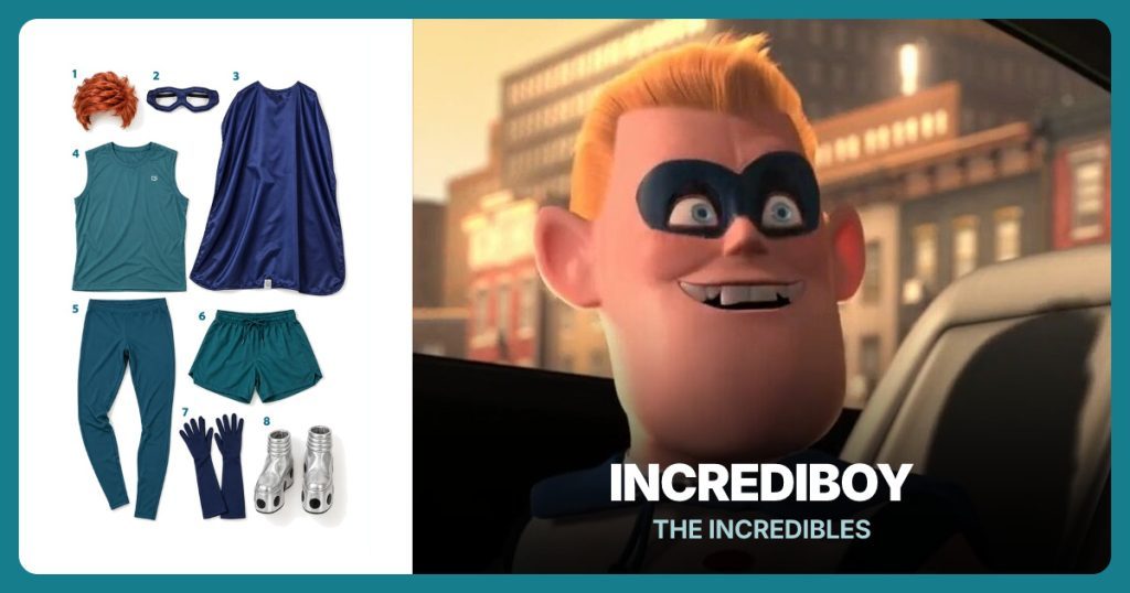 Short Cropped Ginger Wig, Navy Domino Mask, Navy Superhero Cape and Deep Teal Sleeveless Top beside Incrediboy