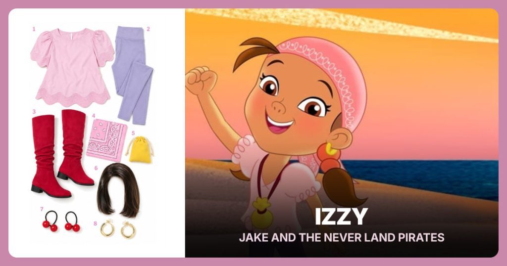 Pink Scalloped Puff-Sleeve Top, Lavender Full-Length Leggings and Red Knee-High Slouch Boots beside Izzy
