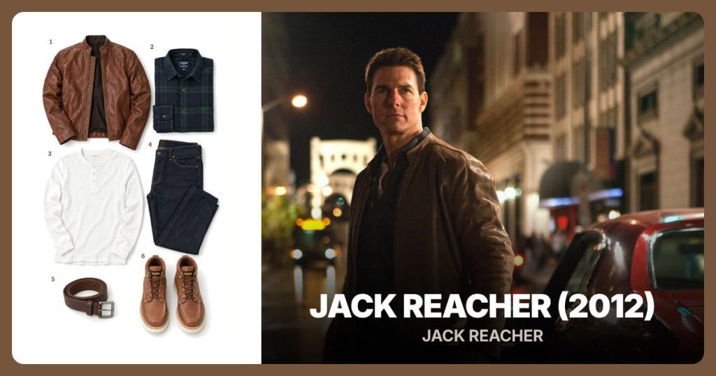 Brown Leather Jacket, Navy Green Plaid Shirt, White Waffle Henley and Dark Indigo Jeans beside Jack Reacher (2012)