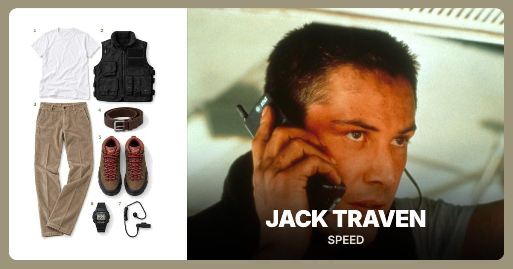 White Crew-Neck T-Shirt, Black Pocketed Costume Vest, Khaki Corduroy Pants and Brown Leather Belt beside Jack Traven