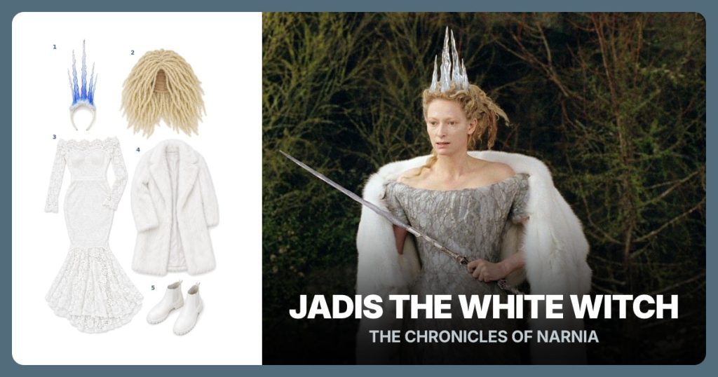 Handmade Icicle Crown, Blonde Loc Wig, White Lace Gown and White Faux Fur Coat beside Jadis the White Witch