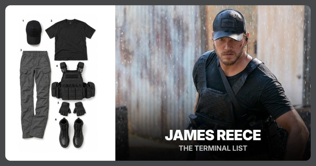 Black Tactical Baseball Cap, Black Short-Sleeve Crew-Neck T-Shirt and Dark Gray Tactical Cargo Pants beside James Reece