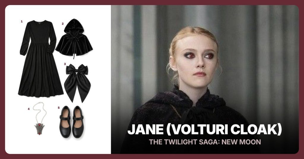 Black Long-Sleeve Midi Dress, Black Hooded Capelet, Black Satin Bow Clip and Volturi Crest Necklace beside Jane (Volturi Cloak)