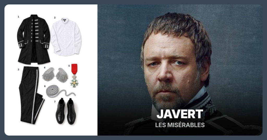 Black Uniform Coat, White Collar Shirt, Black Side-Stripe Pants and Silver Fringe Epaulettes beside Javert