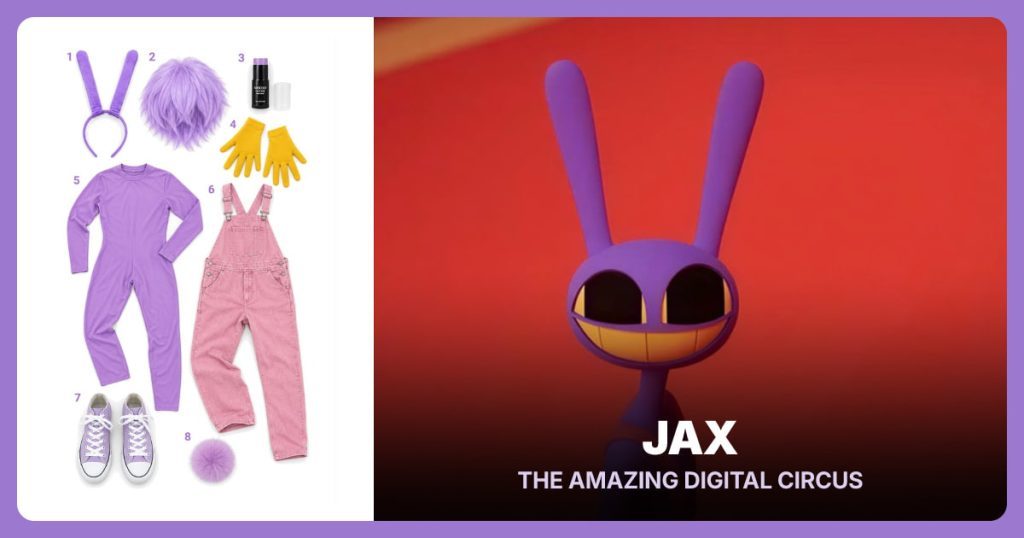 Purple Bunny Ears, Light Purple Wig, Lavender Face Paint and Yellow Gloves beside Jax