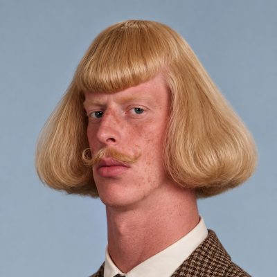 Jean Phil’s rounded blond bob, straight fringe and curled mustache