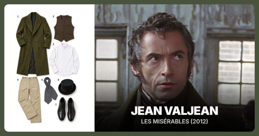 Olive Long Overcoat, Dark Brown Waistcoat, White Stand-Collar Shirt and Khaki High-Waist Trousers beside Jean Valjean
